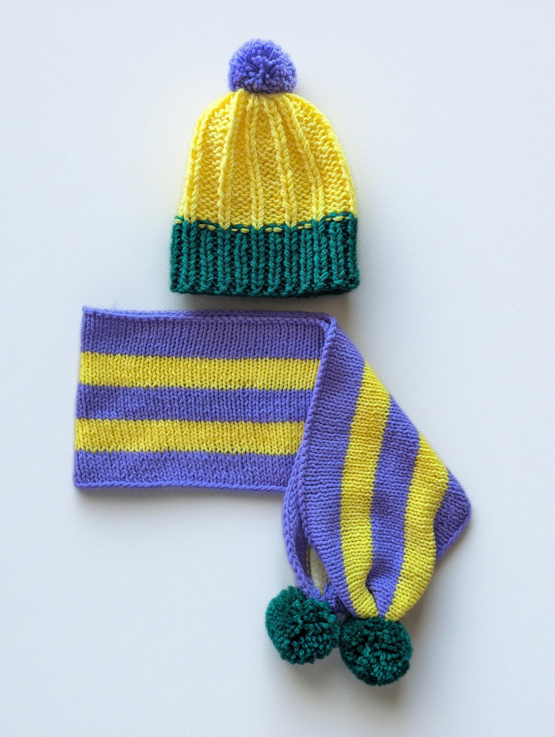 Scarf Beanie Hat Set Hand Crafted Colorful  Knitted Striped Green Yellow Purple Mardi Gras Striped Beanie Hat – Purple, Green, Gold main image 3
