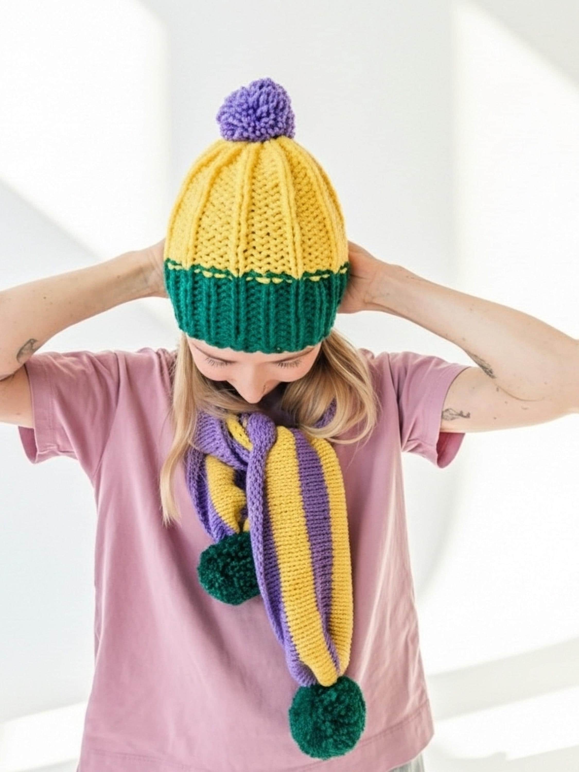 Scarf Beanie Hat Set Hand Crafted Colorful  Knitted Striped Green Yellow Purple Mardi Gras Striped Beanie Hat – Purple, Green, Gold main image 4