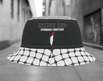 Palestine Bucket Hat, keffiyeh scarf pattern, black