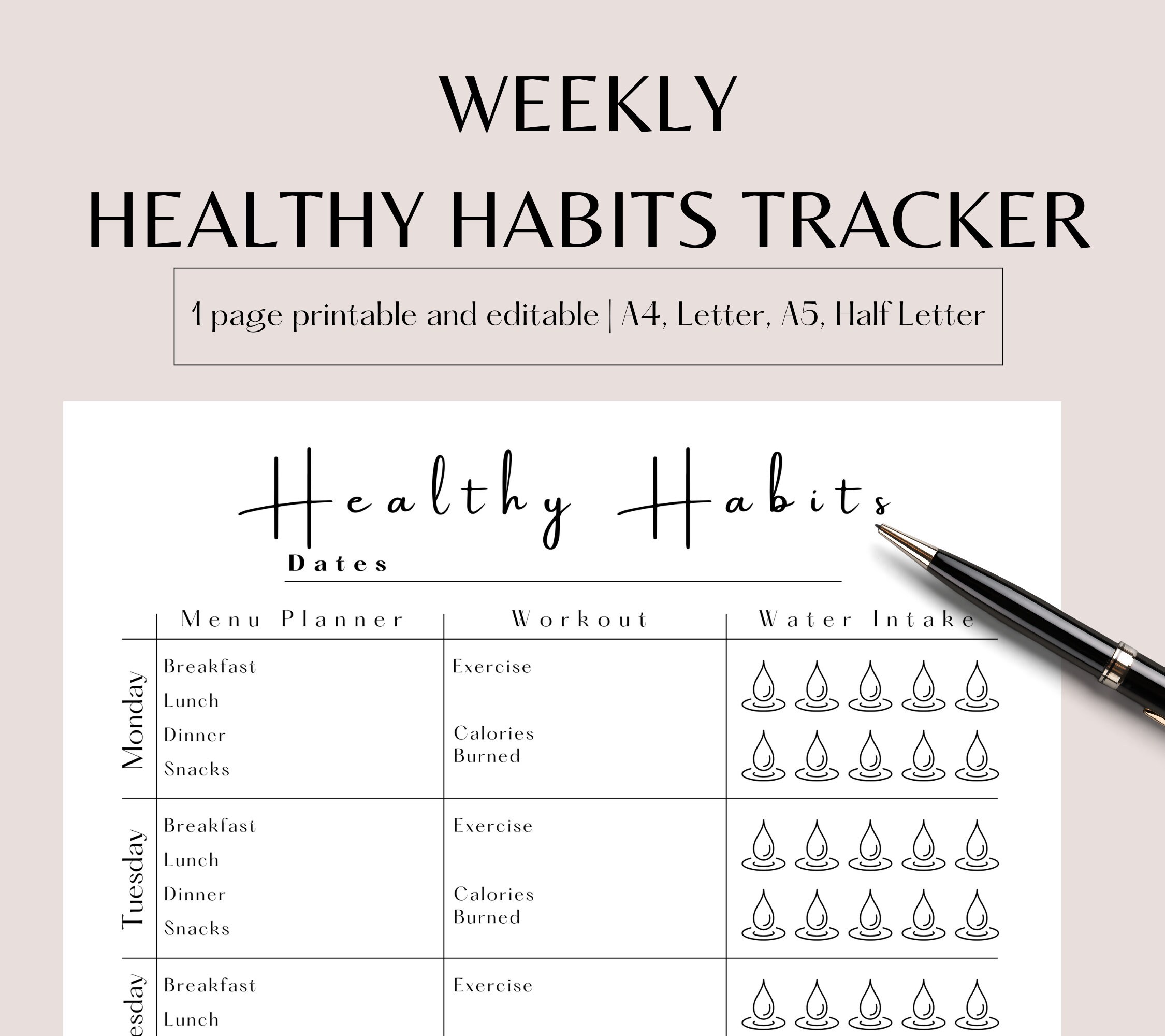 Printable Healthy Habits Tracker, Editable Habit Tracker, Health and ...