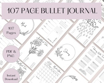 107 Page Bullet Journal, letter size Printable Bujo, bullet journal trackers, habit trackers, floral designed bullet journal, year planner