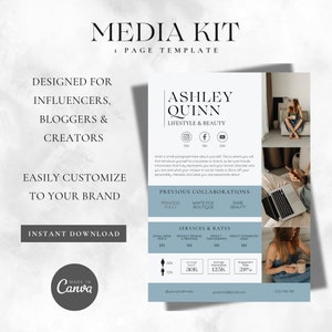 1 Page Media Kit Canva Template| Instagram Media Kit Template| Influencer Rate Sheet Template| Blogger Press Kit | Facebook TikTok Instagram