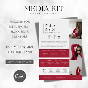 1 Page Media Kit Canva Template| Instagram Media Kit Template| Influencer Rate Sheet Template| Blogger Press Kit | Facebook TikTok Instagram