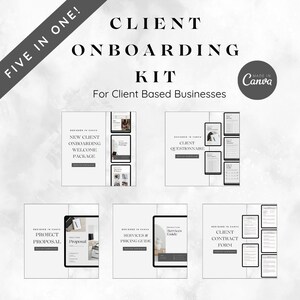 Op de afbeelding: Een digitale marketingkit voor klantgerichte bedrijven. De kit bevat vijf downloadbare sjablonen: een nieuw klanten onboarding-welkomstpakket, een klantenquête, een projectvoorstel, een diensten- en prijsgids en een klantcontractformulier.