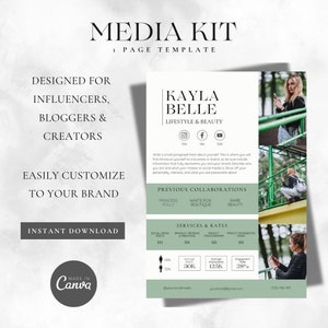 1 Page Media Kit Canva Template| Instagram Media Kit Template| Influencer Rate Sheet Template| Blogger Press Kit | Facebook TikTok Instagram