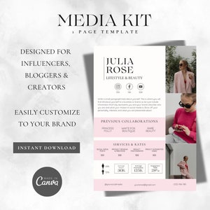 1 Page Media Kit Canva Template| Instagram Media Kit Template| Influencer Rate Sheet Template| Blogger Press Kit | Facebook TikTok Instagram