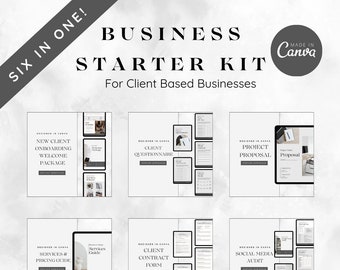 Puede incluir: Un kit de inicio para empresas basadas en clientes, con seis plantillas diseñadas en Canva. Las plantillas incluyen un nuevo paquete de bienvenida para la incorporación de clientes, un cuestionario para clientes, una propuesta de proyecto, una guía de servicios y precios, un formulario de contrato para clientes y una auditoría de redes sociales.