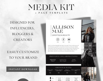 Black Media Kit Canva Template| Instagram Media Kit| 1 Page Media Kit Template| Blogger Press Kit | Facebook TikTok Instagram