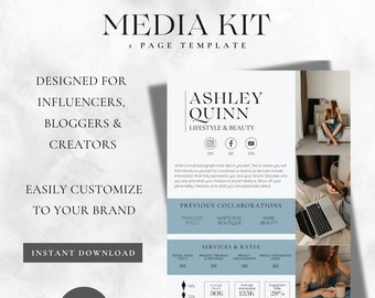 1 Page Media Kit Canva Template| Instagram Media Kit Template| Influencer Rate Sheet Template| Blogger Press Kit | Facebook TikTok Instagram