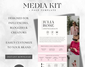 1 Page Media Kit Canva Template| Instagram Media Kit Template| Influencer Rate Sheet Template| Blogger Press Kit | Facebook TikTok Instagram