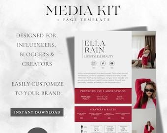 1 Page Media Kit Canva Template| Instagram Media Kit Template| Influencer Rate Sheet Template| Blogger Press Kit | Facebook TikTok Instagram