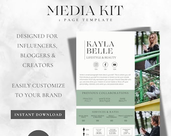 1 Page Media Kit Canva Template| Instagram Media Kit Template| Influencer Rate Sheet Template| Blogger Press Kit | Facebook TikTok Instagram