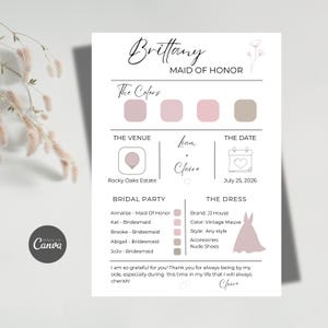 Bridesmaid Info Card Template, Editable Bridesmaid Canva Template, Bridal Party Info Card, Bridesmaid Infographic, Bridesmaid Proposal Card