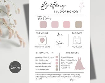 Bridesmaid Info Card Template, Editable Bridesmaid Canva Template, Bridal Party Info Card, Bridesmaid Infographic, Bridesmaid Proposal Card
