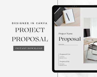 May include: A black and white project proposal template designed in Canva. The template features a laptop, a notebook, a pen, and a desktop computer. The text "Project Name Proposal" is at the top of the template, with the date "01/20/2024" below it. The text "Prepared For:" and "Prepared By:" are below the date, with space for the user to fill in their information.