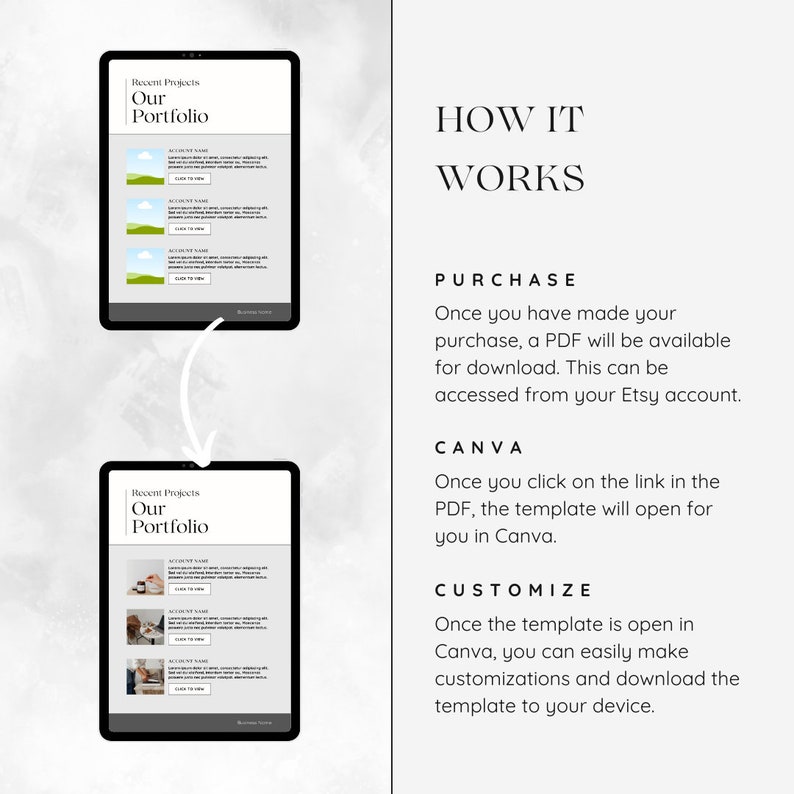 May include: A digital illustration showing how to use a Canva template. The image shows two screenshots of a Canva template titled "Recent Projects Our Portfolio". The text explains how to purchase the template, access it in Canva, and customize it.