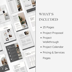 May include: A set of 25 printable pages for a project proposal, including a project walkthrough, calendar, and pricing and services. The pages are designed in a minimalist style with black and gray text on a white background.