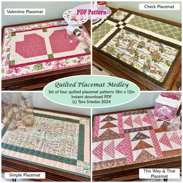 Quilted Placemat Pattern - Quilted Placemat Pattern Medley - PDF Pattern for four Placemats - Valentine Placemat - Simple Placemat