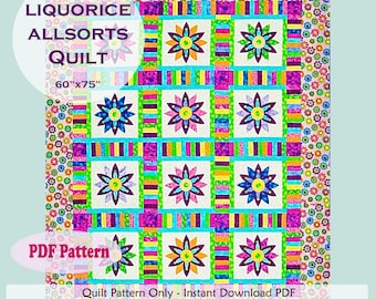 Liquorice Allsorts Quilt Pattern. A bright scrappy quilt for lovers of appliqué - novice and expert alike.