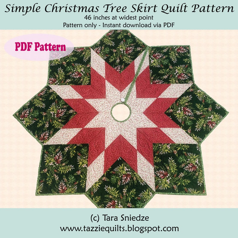May include: A PDF pattern for a Christmas tree skirt quilt. The quilt is 46 inches wide and features a star design with red, white, and green fabric. The pattern is available for instant download.