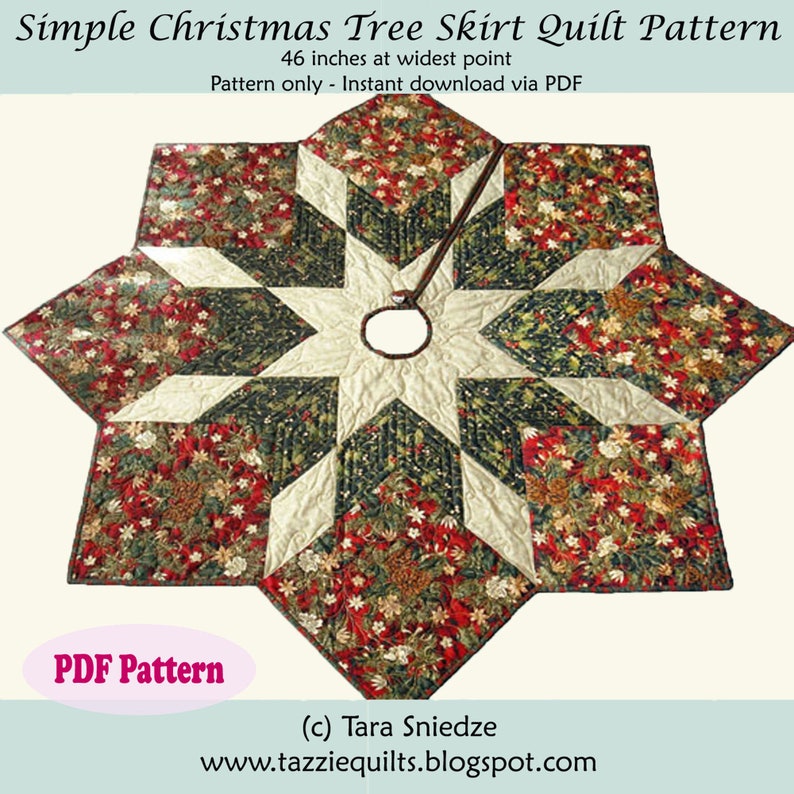 May include: A PDF pattern for a Christmas tree skirt quilt. The quilt is 46 inches wide and features a star design with red, green, and white fabric. The pattern is available for instant download.