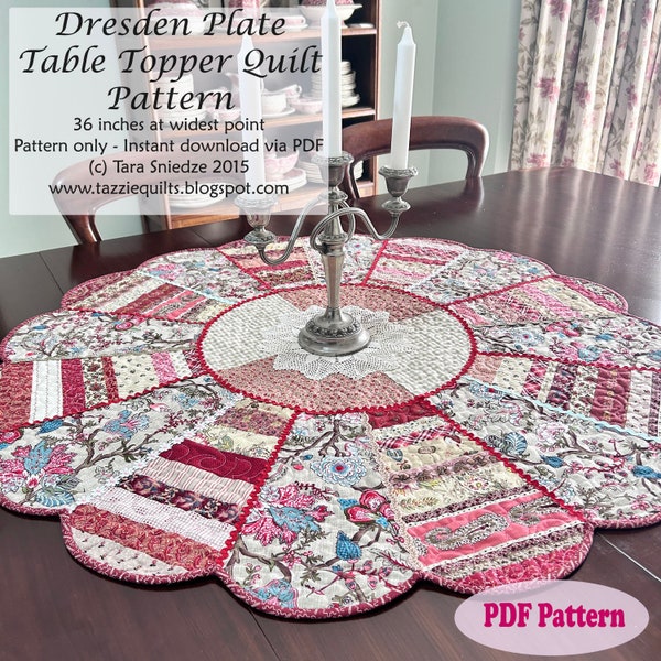 Quilted Table Topper Pattern - Dresden Plate Table Topper - PDF Instant Download Quilt Pattern