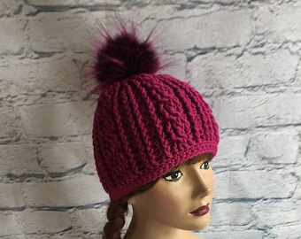 Crocheted Slouch Hat in Wine Burgandy with a Faux Fur Pom Pom Woman or aTeen