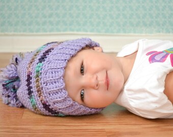 INSTANT DOWNLOAD Crochet Pattern for a Purple Pom Pom Hat for Toddlers and Children PDF Ski Hat Tossle Cap