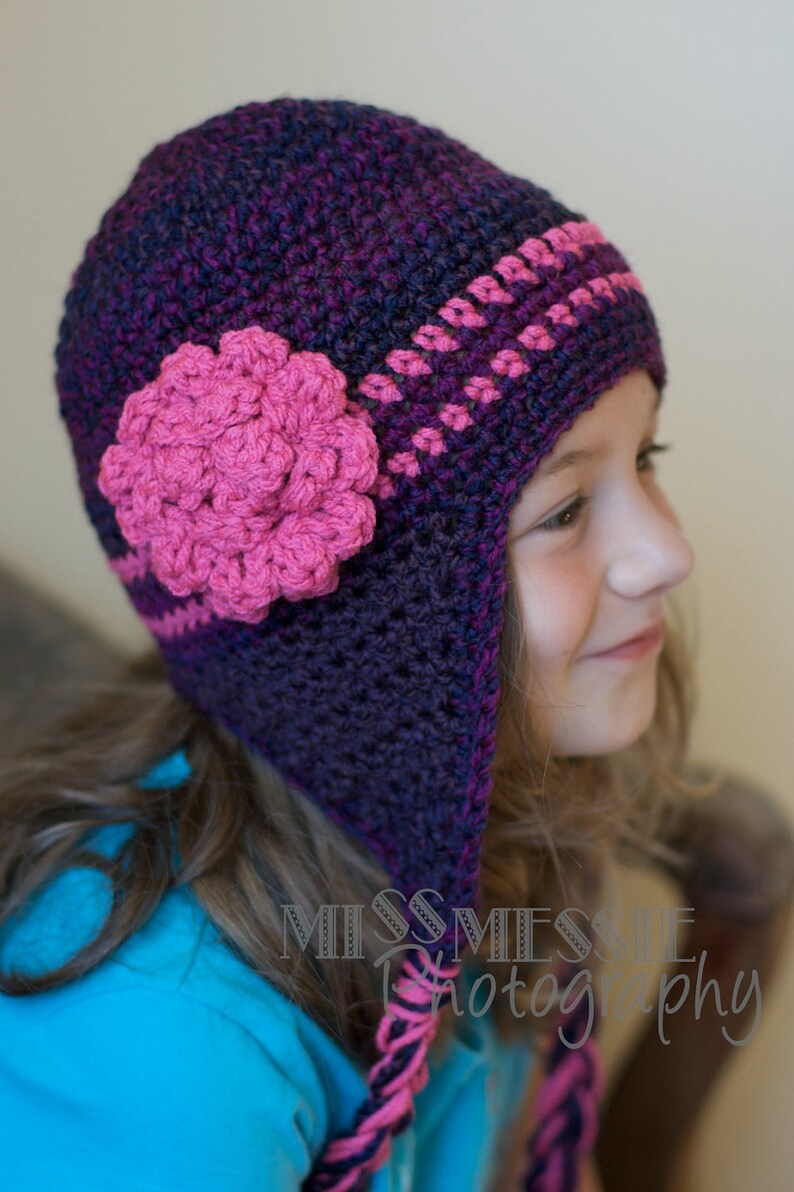 Crochet Pattern for a Purple and Pink Earflap Hat for Infants thru Child PDF Ski Hat Toboggan Beanie image 1