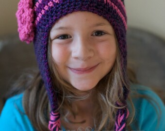 Pattern for a Crochet Purple and Pink Earflap Hat with Braids for Infants thru Child PDF INSTANT DOWNLOAD