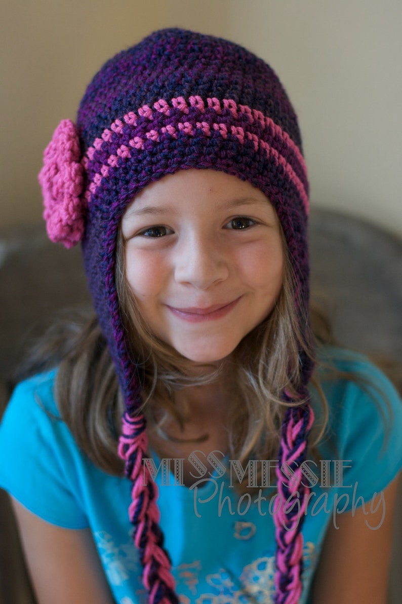 Crochet Pattern for a Purple and Pink Earflap Hat for Infants thru Child PDF Ski Hat Toboggan Beanie image 2