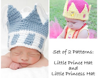 Set of 2 Crochet Patterns-Little Prince and Princess Hats-Includes Baby to Toddler