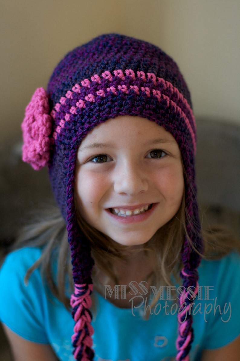Crochet Pattern for a Purple and Pink Earflap Hat for Infants thru Child PDF Ski Hat Toboggan Beanie image 3
