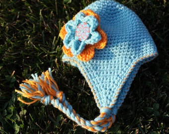 Patrón de ganchillo de descarga instantánea, gorro con orejeras azul para bebé, bebé y niño pequeño en 4 tamaños, accesorio fotográfico PDF