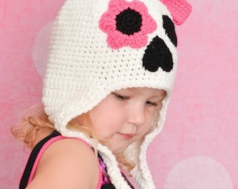 Instant Download Crochet Pattern for Making a Girl Skull Earflap Hat for Child Adult Beanie Cap