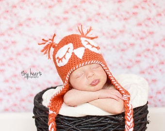 Crochet Baby Pattern for Sleepy Owl Earflap Hat in Orange PDF Instant Download Animal Woodland Photo Prop