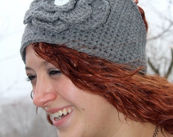 Crochet Pattern for Making Gray Flowered Headband or Headwrap Intant Download
