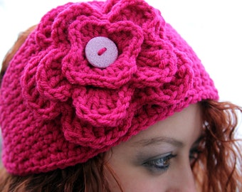 Pattern for Hot Pink Headband Ear Warmer with Flower Crochet Women Teen Urban Trendy Gift Instant Download