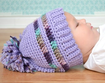 Crochet Pattern for a Purple Pom Pom Hat for Toddlers and Children PDF Instant Download Ski Hat Tossle Cap