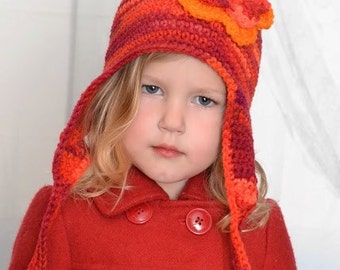 Crochet Pattern for a Child Flowered Earflap Hat with Braids PDF Instant Download Winter Ski Hat Sledding School Hat