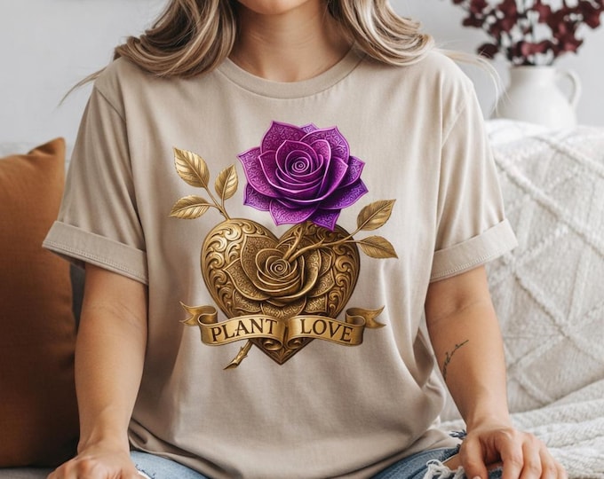 Plant Love Shirt, Floral Heart T-Shirt, Purple Rose Graphic Tee, Aesthetic Flower Shirt, Gift for Her,Nature Lover Shirt, Boho Botanical Tee
