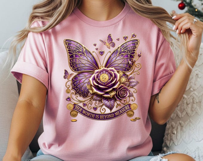 Purple Rose Butterfly Floral Illustration T-Shirt | Women Empowerment, Boss Woman, Gold Butterfly