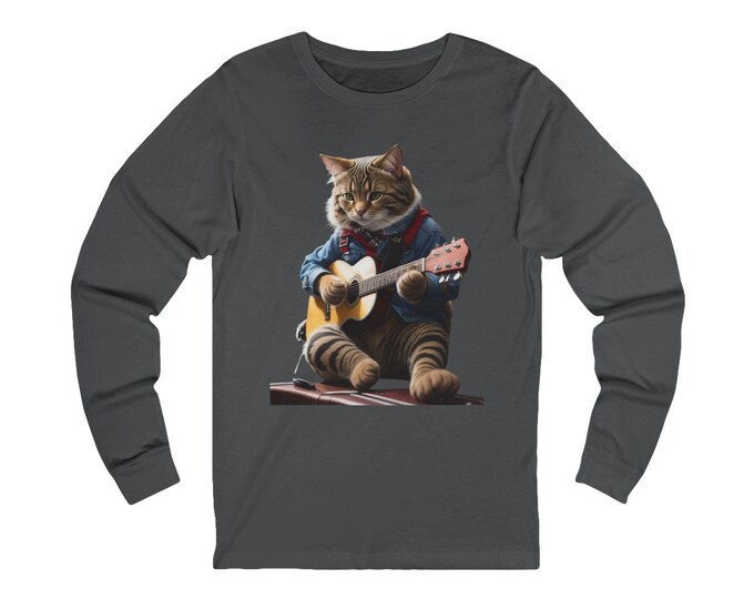 Cool Cat Playing Guitar Long Sleeve Tee, Funny Cat Shirt, Music Lover Gift, Unisex Gift, Pet Lover Apparel