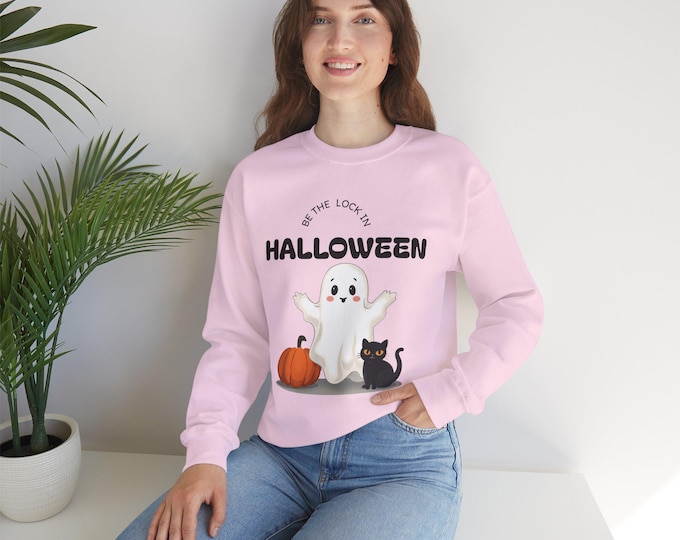 Halloween Ghost & Cat Sweatshirt, Cozy Unisex Crewneck, Perfect for Fall, Halloween Parties, Gift for Cat Lovers, Seasonal Apparel