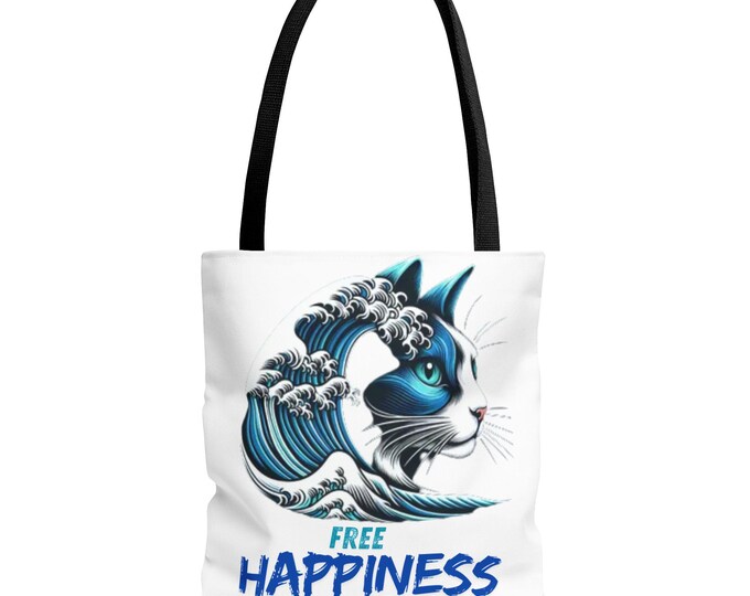 Cat Wave Tote Bag | Free Happiness Tote | Cute Cat Lover Gift | Stylish Beach Bag | Eco-Friendly Shopping Bag, Cat Mom Gift, Fun Canvas Bag