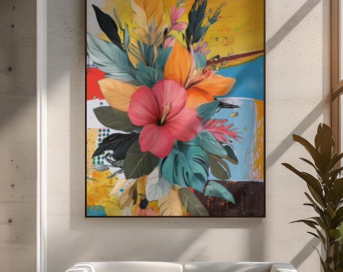 Floral Wall Art Print, Bright Tropical Canvas, Colorful Home Decor, Bohemian Decor, Gift for Nature Lovers