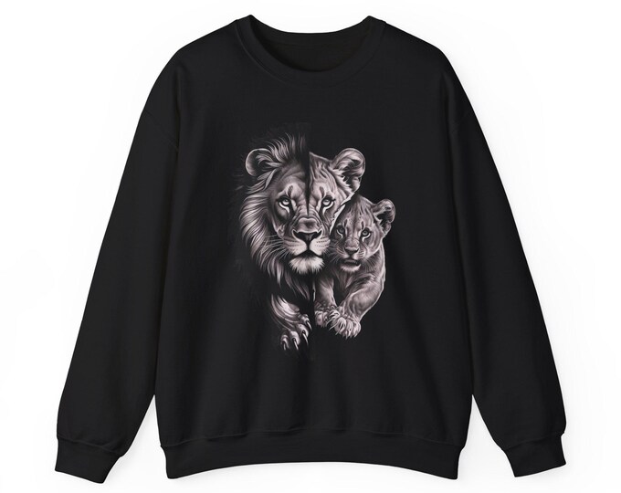 Majestic Lion & Cub Sweatshirt, Cozy Wildlife Apparel, Perfect for Animal Lovers, Gift for Nature Enthusiasts, Unisex Crewneck, Ideal for