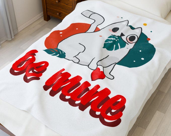 PAPACute Cat 'Be Mine' Velveteen Plush Blanket | Cozy Gift for Cat Lovers | Valentine's Day, Home Decor, Snuggle Blanket, Bedroom