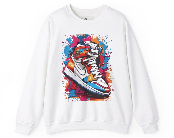 Vibrant Sneaker Art Crewneck Sweatshirt, Trendy Streetwear, Gift for Sneaker Lovers, Unisex Casual Wear, Art-Inspired Apparel