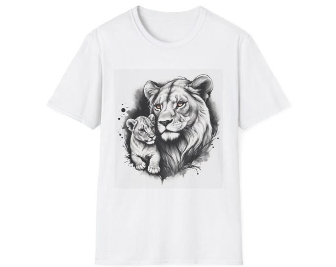 Lion & Cub Graphic Tee, Animal Lover Shirt, Unisex Softstyle T-Shirt, Wildlife Enthusiast Gift, Cute Jungle Apparel